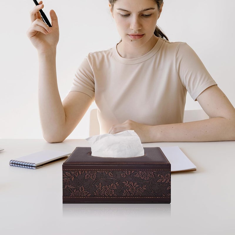 XNONE PU Leather Tissue Box Cover Tissue Box Holder Rectangle Tissues Organizer with Magnetic Bottom,Decorative Napkin Caddy for Vanity Dresser Night Stand Table Countertop Home Office Car,Retro - Image 2